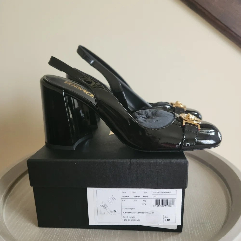 NIB Versace Glossy Black Heels with Gold Medallion